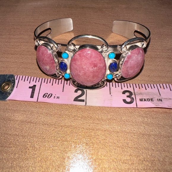 Rhodochrosite with small turquoise & lapis accents sterling silver cuff - Picture 7 of 10